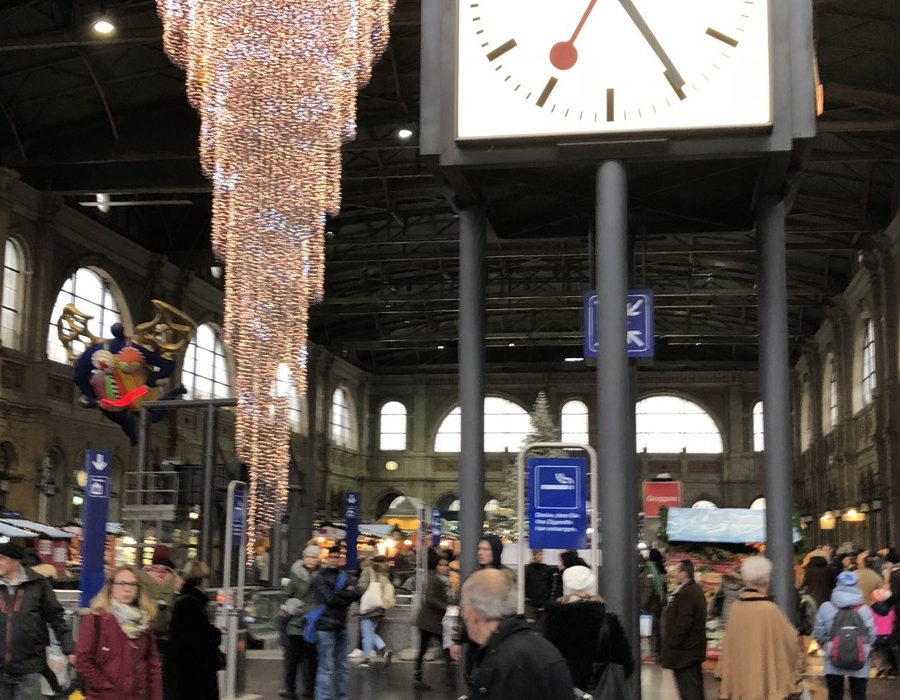 Railway station in Zurich with Christmas decorations